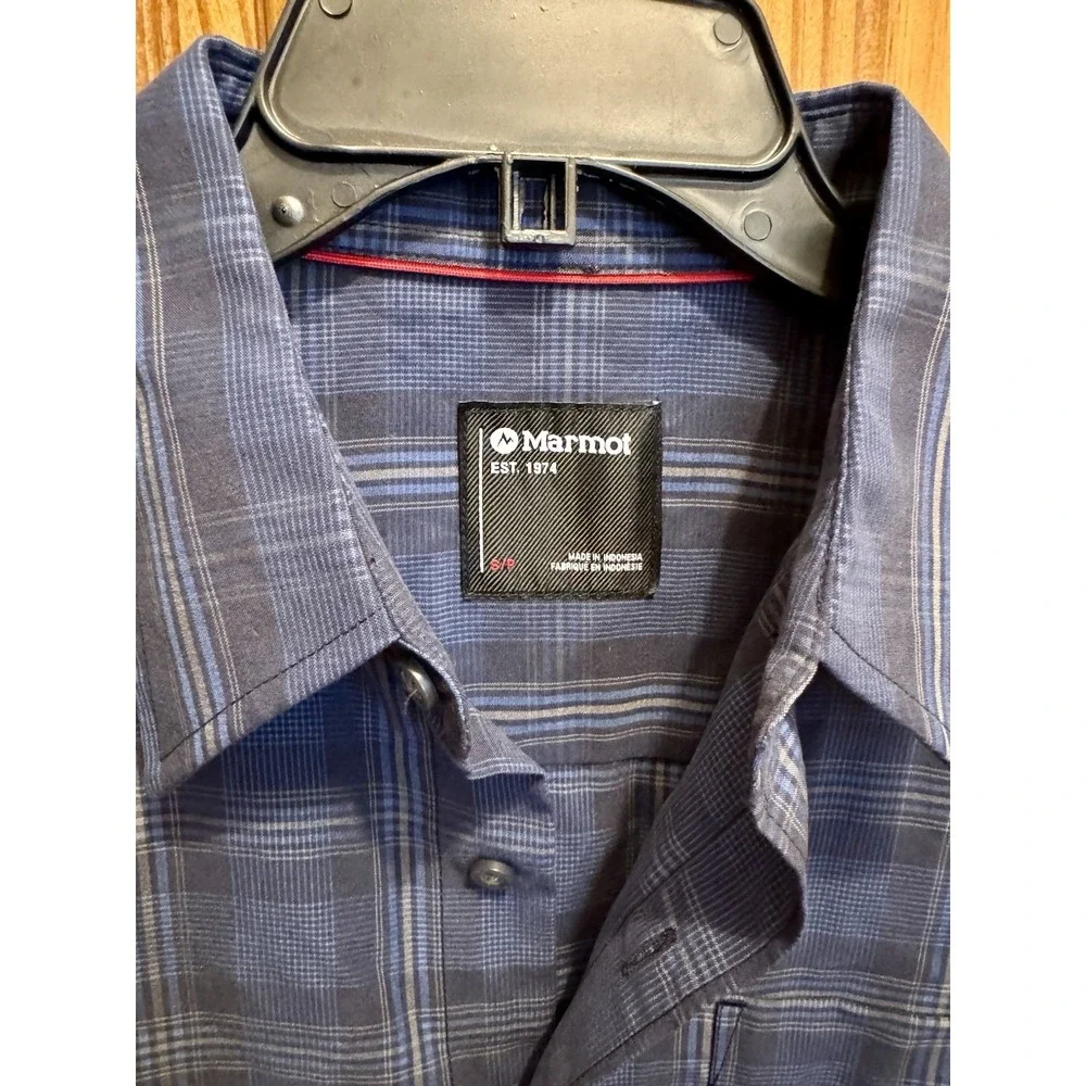 Marmot Eldridge Men's Shirt Blue Plaid Quick Dry Button Front Outdoor Size Small